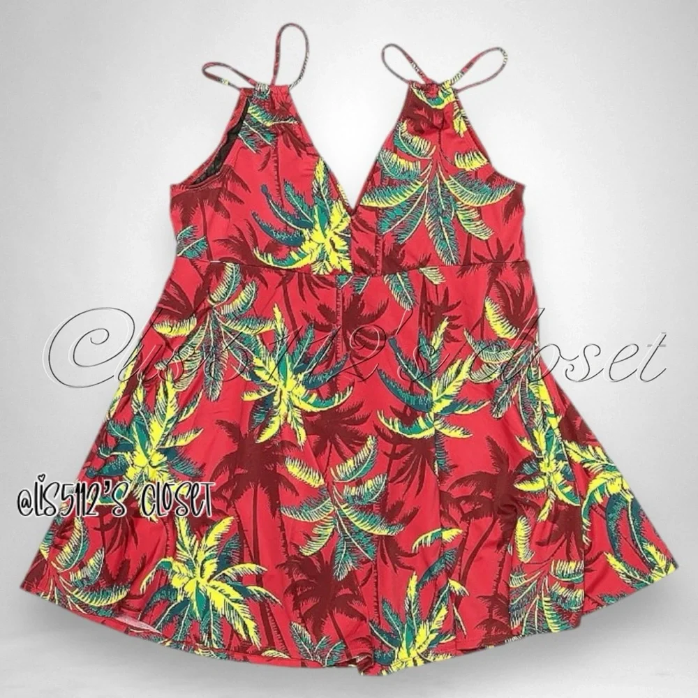 Torrid Red Tropical Shadow Retro Wireless Plunge Swim Dress Swimsuit 1X 14 16 - Picture 5 of 14